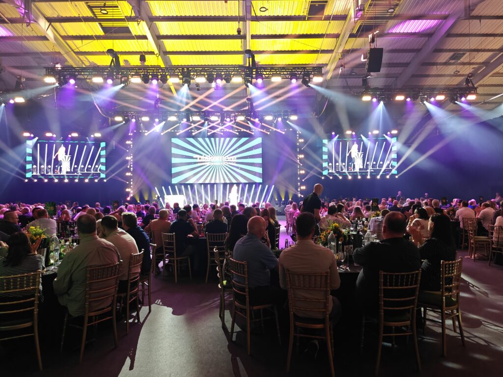 SRS gala awards night 2025 at Telford International Centre with stage lighting and guests at the tables